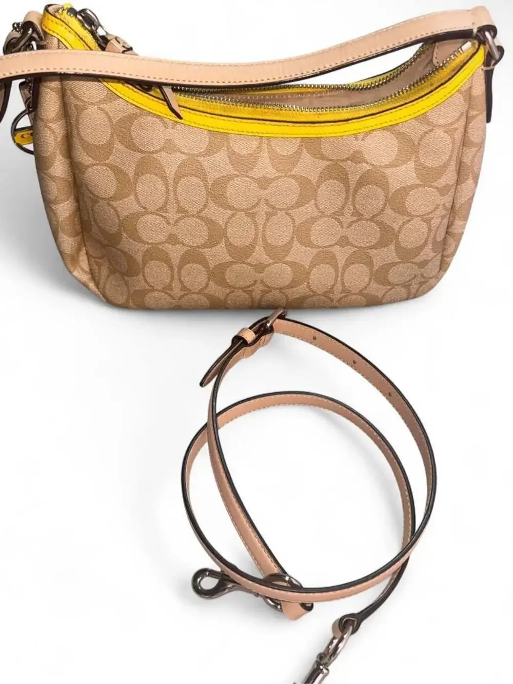 Coach Signature Stripe Eva Small Hobo Bag Beige and Yellow F29942